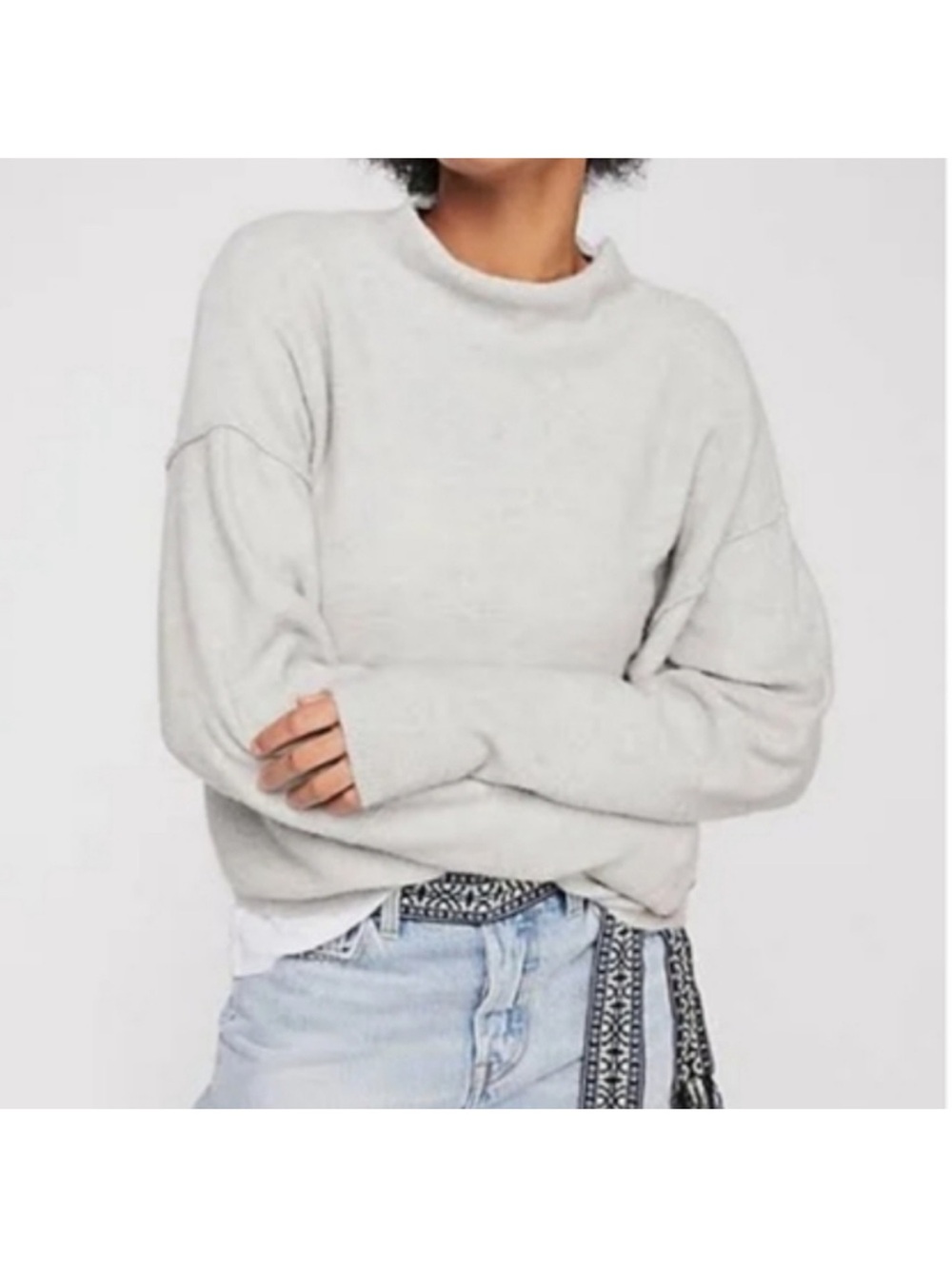 Free People Breakaway Wool Alpaca Blend Oversized Mock Neck Sweater light Grey L
